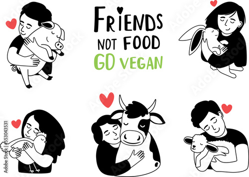 Friends not food. Kind children hug small baby animals and shows their love to them. Nature respect concept and vegan lifestyle