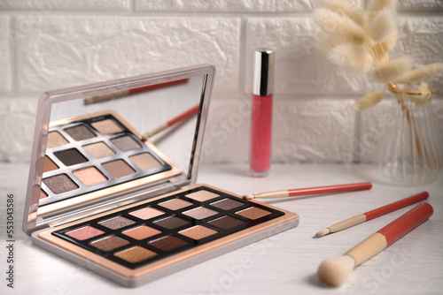 Eye shadow palette with makeup brushes, lifestyle stagging photo