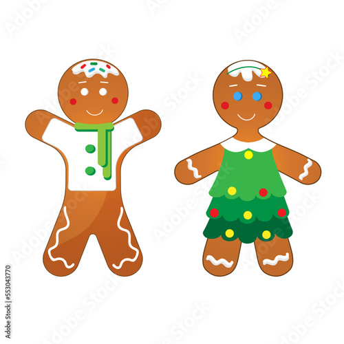 Cartoon gingerbread man and girl in Christmas tree costume on the white background. Christmas  isolated icons.