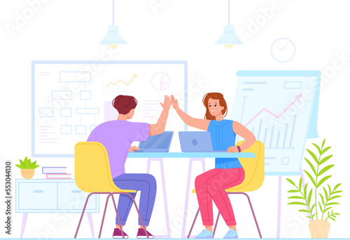 Coworkers high five. Smile executives giving 5 in office, professional worker or businessman hand gesture partner team celebration accomplished project, swanky vector illustration