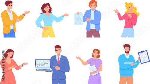 People introducing product. Presenter showing hand aside, promoting person explaining lecture or ads presentation smth products, manager pointing hands, swanky vector illustration