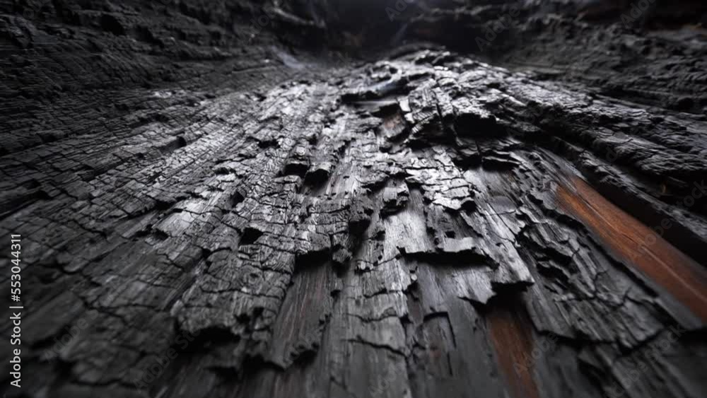 Camera moves along charred sequoia tree in sequoia national park, USA. Burnt tree bark. Natural disaster due to extreme heat and climate change
