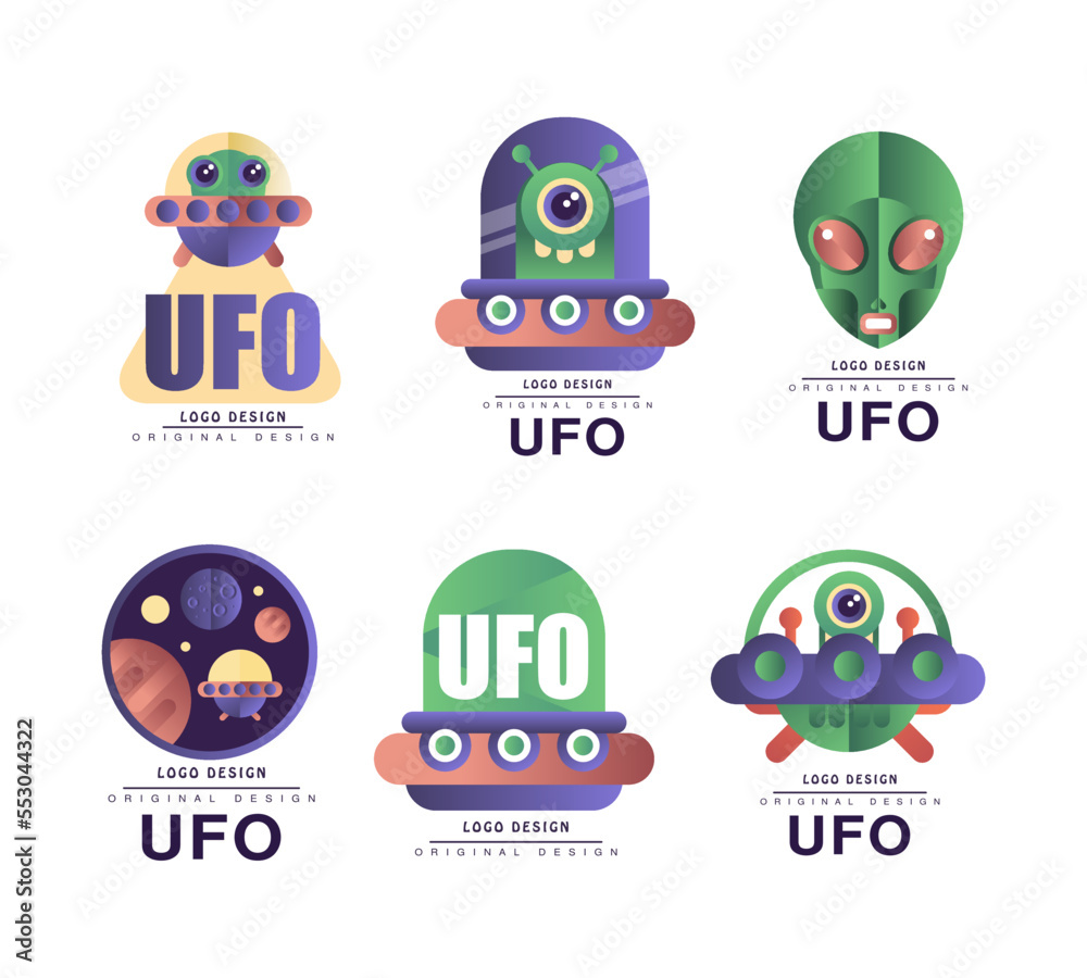 Ufo Logo Design Template with Green Alien and Spaceship Vector Set Ufo Logo Design Template with Green Alien and Spaceship Vector Set