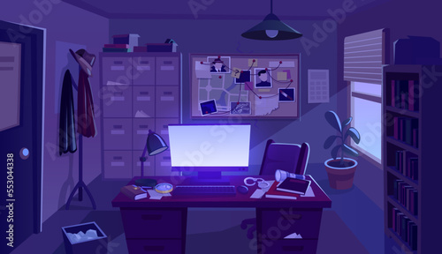 Night detective office. Dark private investigator room police station for crime investigation, computer light on paperwork desk criminal writer, noir ingenious vector illustration