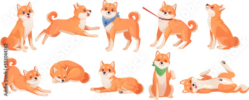 Shiba inu. Anime kawaii dogs, cartoon shiba-inu puppy sticker bark japan manga dog activities fur pet poses standing sitting sleeping stretch, set ingenious vector illustration