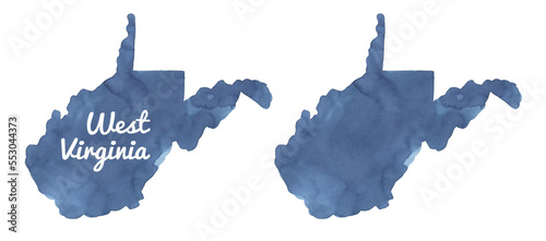 Watercolour drawing set of West Virginia State Map Silhouette in navy blue colour in two variation: blank template and with text lettering. Hand painted water color sketch, cut out clipart for design.