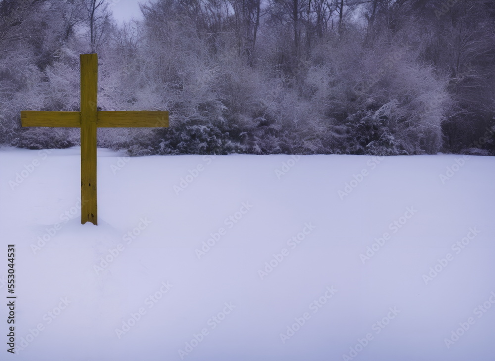 Realistic illustration of Christian cross outdoors in the snow, generative ai Realistic illustration of Christian cross outdoors in the snow, generative ai