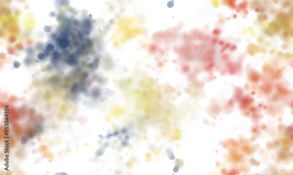 Abstract watercolor blurred spots on the white background. Orange, blue, yellow and red colors. Seamless pattern.