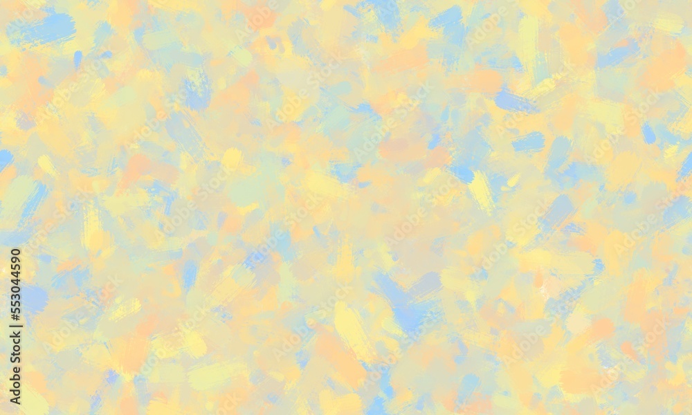 Pastel colored chaotic brush strokes. Seamless background. Yellow, orange, blue and green colors.