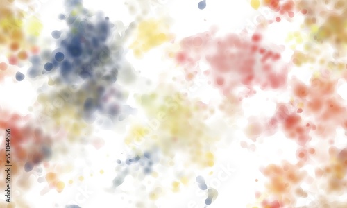 Abstract watercolor blurred spots on the white background. Orange, blue, yellow and red colors. Seamless pattern.