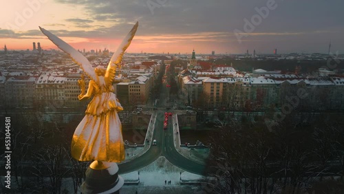 Munich aerial skyline view in front angel fo peace bogenhausen munich district at winter snow germany munchen city.
