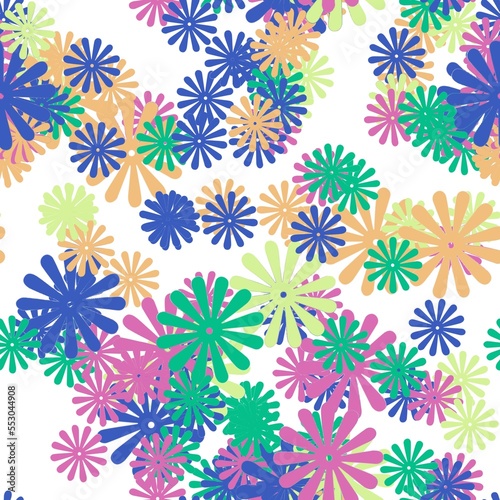 Blue, pink, emerald, yellow and orange flowers on the white background. Seamless pattern, retro style.