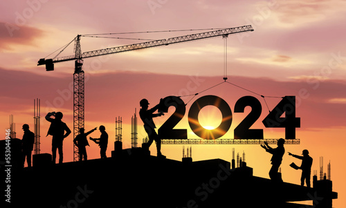 Concept New Year 2024 for marking, construction plans. Developer. Future planning and goals. Silhouette of a construction crane at a construction site raising the number 2024 year. Realistic vector.