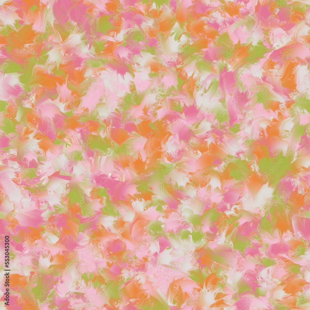 Orange, pink and green liquid splashes. Abstract texture with reflection effect. Seamless pattern
