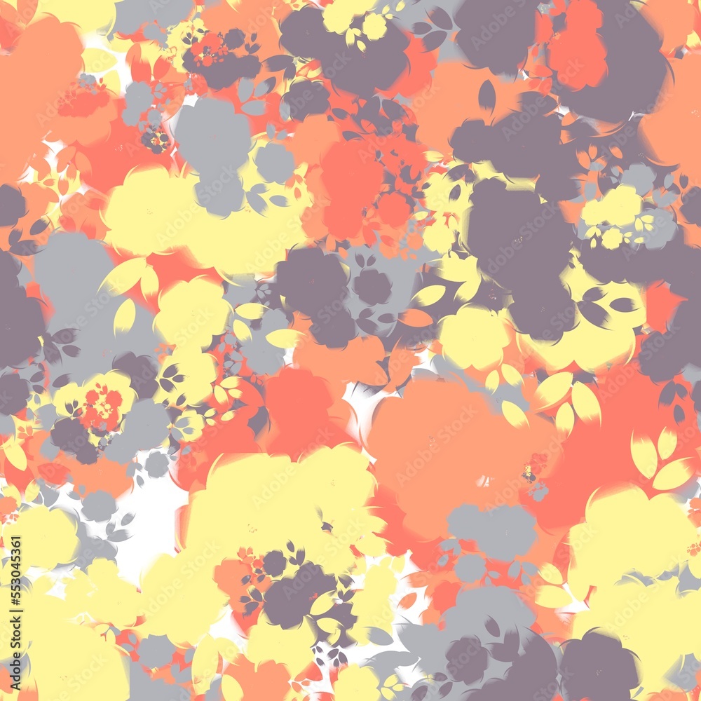 Orange, yellow, brown and grey colored flowers on the white background. Seamless pattern. Floral texture.