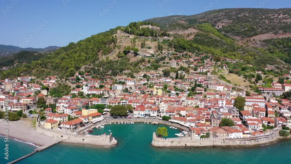 Aerial drone video of iconic fortified port and medieval castle uphill in historic city of Nafpaktos, Aitoloakarnania, Greece Aerial drone video of iconic fortified port and medieval castle uphill in historic city of Nafpaktos, Aitoloakarnania, Greece