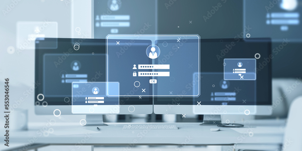 Close up of workplace with laptop computer monitors and login details holograms on blurry office background. Password, business page, internet and technology concept. Double exposure. Close up of workplace with laptop computer monitors and login details holograms on blurry office background. Password, business page, internet and technology concept. Double exposure.