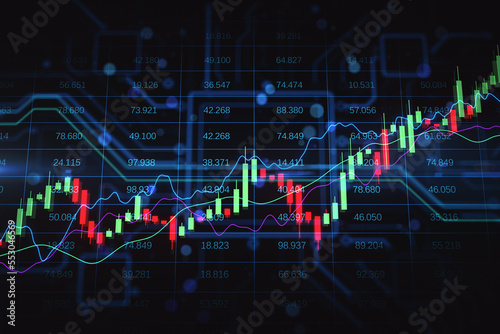 Investing, forex market and growth concept with digital rising financial chart candlestick and graphs on stock market indicators background. 3D rendering