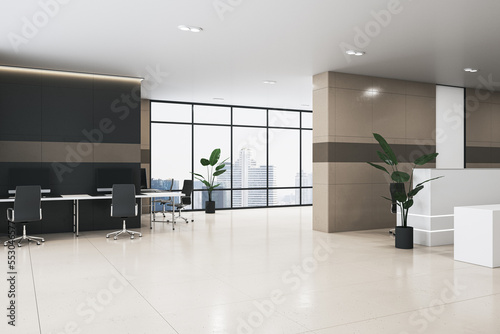 Bright office lobby interior with furniture, reception desk, window with city view and tile flooring. 3D Rendering.