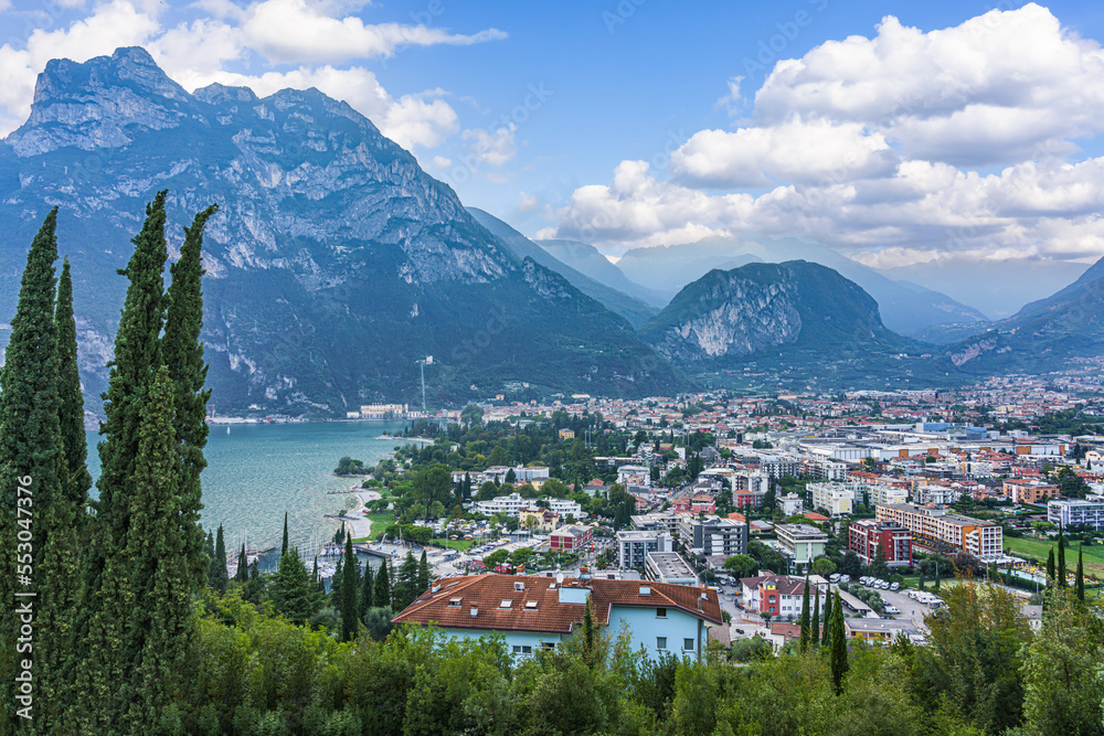 View to Garda lake and Riva del Garda from the mountain.