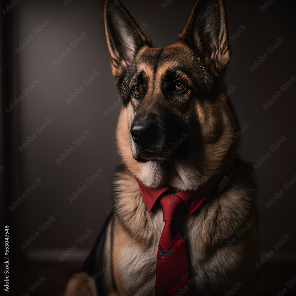 german shepherd dog wearing red tie, sitting in a dark room, created with Generative AI