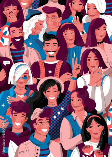 Vertical banner format for social media, books and websites. Illustration of happy smiling people in a flat style.