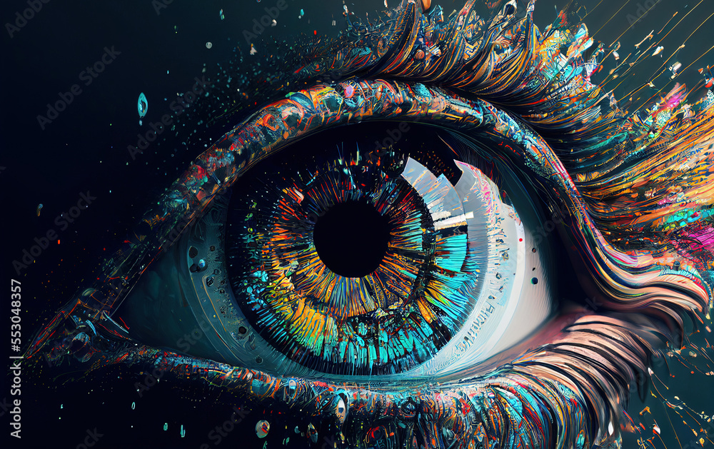 Stylized digital eye, a splash of paint, colorful paints smudges, spatter. generative AI	
