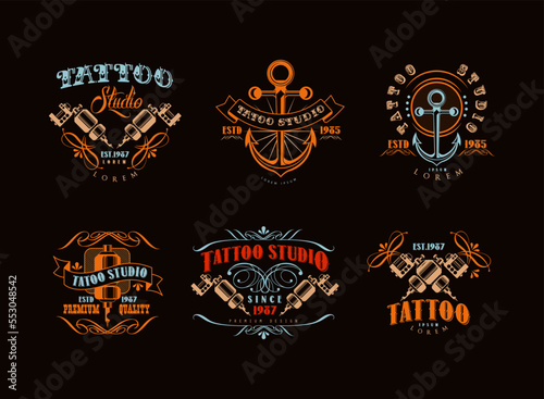 Tattoo Studio Logo with Anchor and Needle Machine Vector Set
