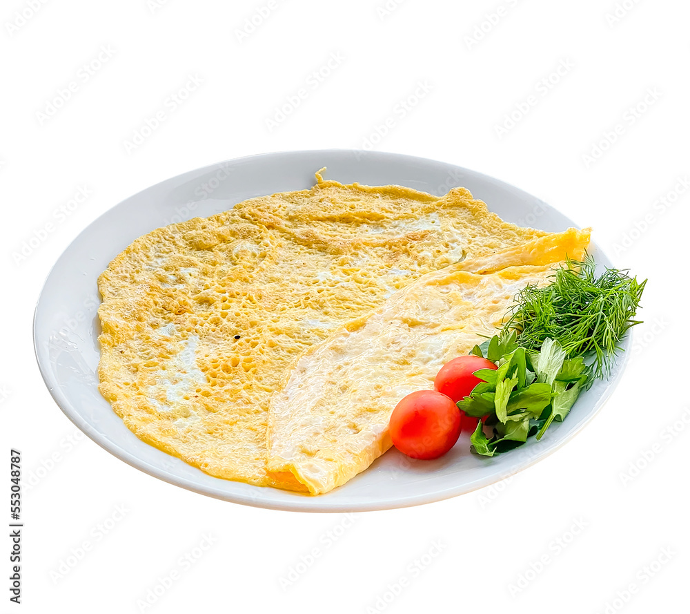 Omelet served with tomatoes and vegetables, clipping path, isolated on white background Omelet served with tomatoes and vegetables, clipping path, isolated on white background