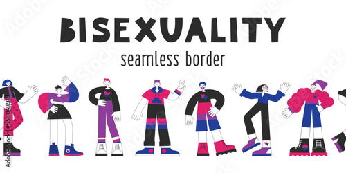 Bisexual people seamless border. Bisexuality awareness and visibility. Diversity, equality, inclusion. LGBT pride month vector flat illustration set.