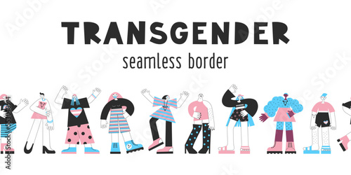 Transgender mtf and ftm people seamless border. Trans awareness and visibility. Diversity, equality, inclusion for genderqueer and crossddressers. LGBT pride month vector flat illustration set.