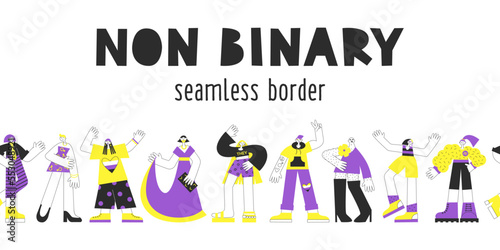 Non-binary gender neutral people seamless border. Enby awareness and visibility. Diversity, equality, inclusion for genderqueer and nonconforming. LGBT pride month vector flat illustration set.