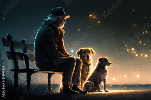 They're your best friends when you're feel lonely. a lonely man and a dogs. illustration. digital painting. Generative AI.