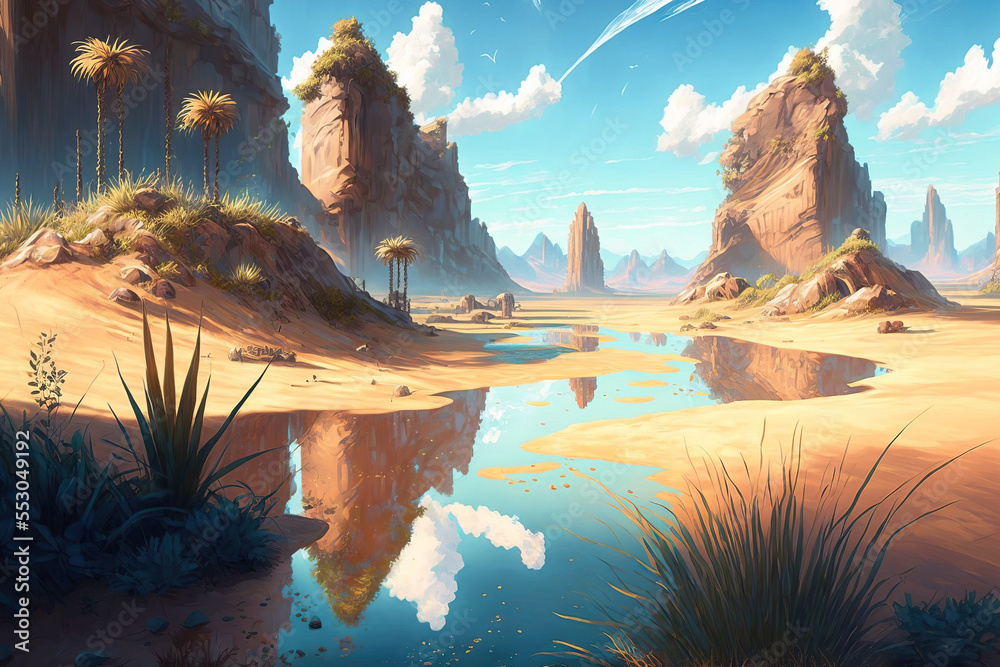 Fantasy desert oasis landscape. Desert. illustration art. Digital