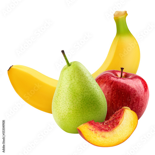 Apple, Banana, Pear, Peach isolated on white background, clipping path, full depth of field