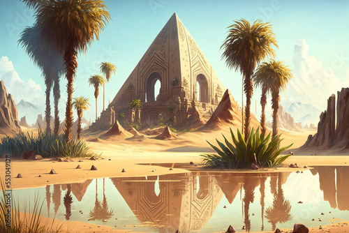 Desert with the mysterious pyramids of ancient Egypt.  Fantasy desert oasis landscape. unique pyramids. illustration art. Digital painting. Generative AI. photo