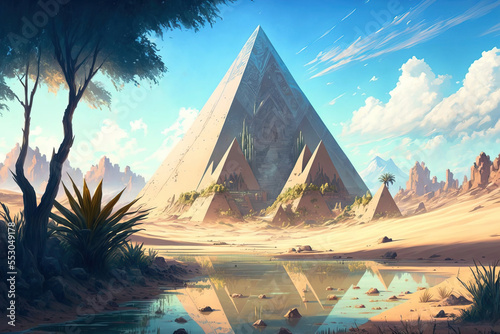 Desert with the mysterious pyramids of ancient Egypt. Fantasy desert oasis landscape. unique pyramids. illustration art. Digital painting. Generative AI.