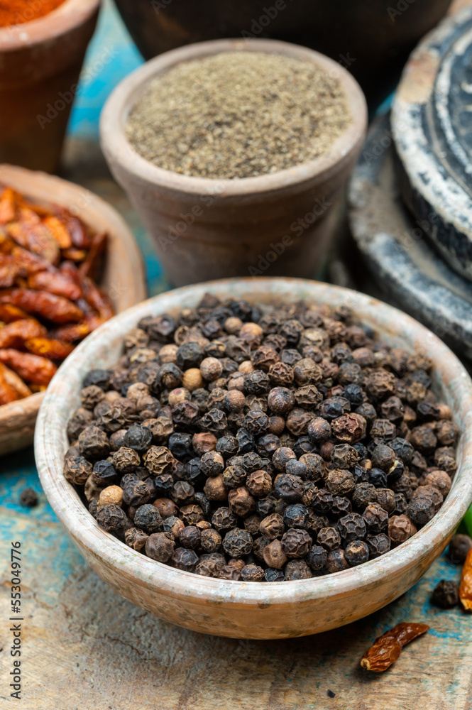 Indian spices collection, dried black peppercorns and another spices in clay bowls Indian spices collection, dried black peppercorns and another spices in clay bowls