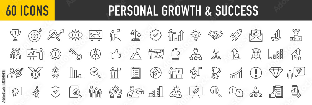 Set of 60 Personal growth and success web icons in line style. Handshake, growth profit, innovation, increase sale, coaching, progress, strategy, achievment, collection. Vector illustration.