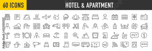 WebSet of 60 Hotel and apartament web icons in line style. Rental, reservation, hotel booking, room, parking, travel, service, airport, collection. Vector illustration.