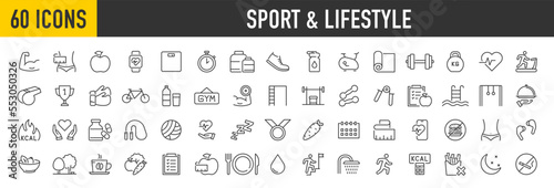 Set of 60 Sport and lifestyle web icons in line style. Fitness, entertainment, healthy food, gym, training, workout, muscle, nutrition and dieting, collection. Vector illustration.