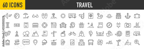 Set of 60 Travel and tourism web icons in line style. Airplane, trip, beach, passport, luggage, camping, hotel, summer vacations, collection. Vector illustration.