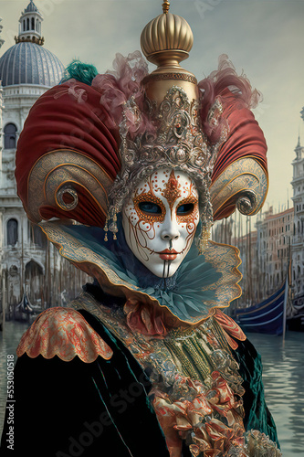 Woman Wearing Venetian Style Mask, Costume and Hat at the Venice Carnival made with Generative AI
