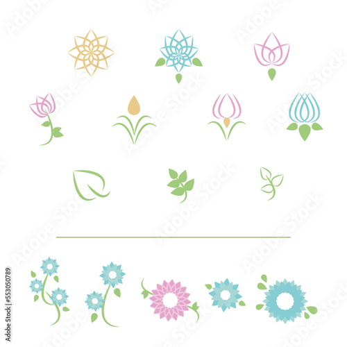 Collection de pictogrammes homogènes : fleurs et feuilles faits à partir de 2 formes différentes photo