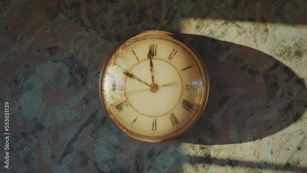 Deadline. Timelapse of clock hands till twelve o'clock. Sunlight and window shadow moving on the wall. Cinematic photorealistic 3D animation.