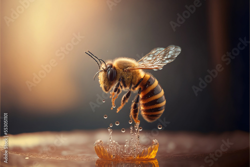 Fotomurale bee on water, honeybee macro, Generative AI