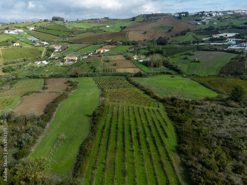 Aerial view on hills with agricultural fields and vineyards in Portugal in Lisbon area