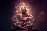Surreal yogi in meditation with cosmic swirls and ethereal light, embodying peace and mindfulness. generative ai  