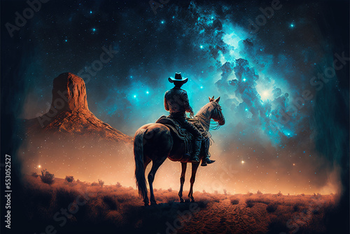Photo A cowboy sitting on horseback in the wild west at night under the milky way galaxies star gazing