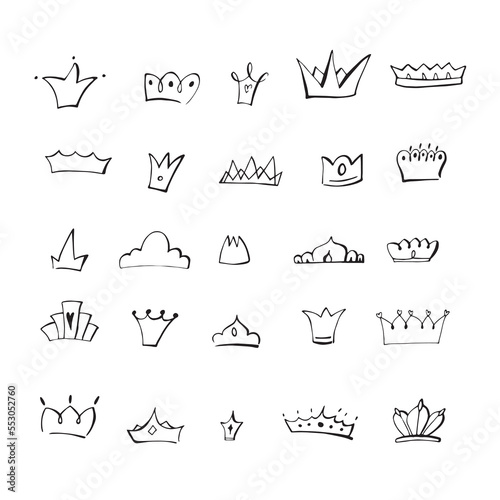 Black and white different doodle crowns collection. Line art king or queen crown sketch  tiara  beautiful diadem and luxurious. Royal head accessories collection. Vector illustration set